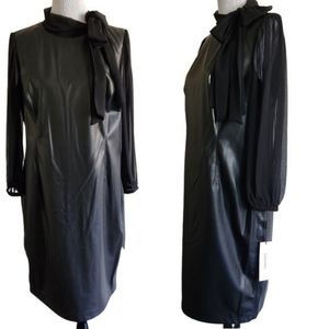 🆕️⬇️Calvin Klein Faux Leather Chiffon Sleeve Tie Neck Sheath Dress